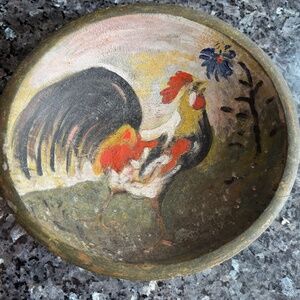 Old Rare Hand Carved Hand Painted Wooden Rooster / Chicken Bowl Stunning Colors